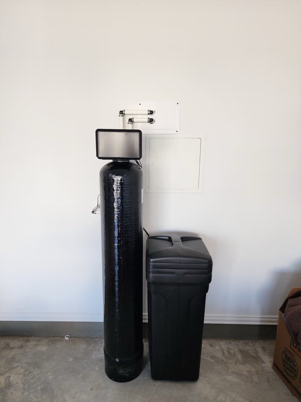 Softener and brine tank in a clean corner